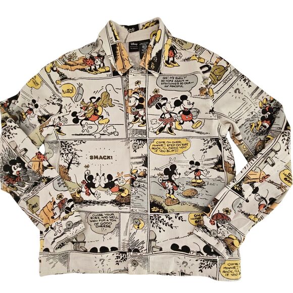 Disney Jackets & Blazers - Disney Our Universe Denim Jacket Sz S All Over Print Comic Mickey Minnie Mouse